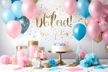 gender reveal balloons and glitter invitation for baby shower - pink and blue baby reveal birthday party
