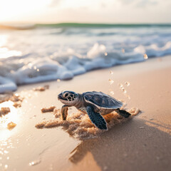 baby sea turtle on beach running towards the ocean.