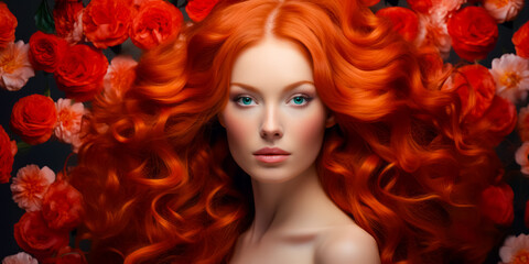 redhaired girl with gorgeous voluminous long dense hair on flowers background. hair dye, hairstyle