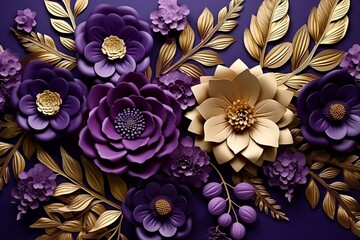 Floral wallpaper with 3D flowers and leaves in plum, violet, and gold. Ideal for greeting cards, beauty, and fashion. Generative AI