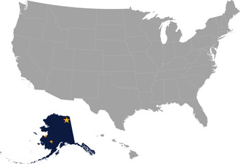 Map of US federal state of Alaska with state flag within gray map of United States of America