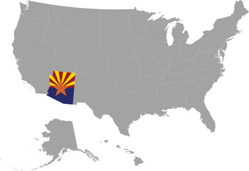 Map of US federal state of Arizona with state flag within gray map of United States of America