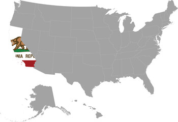 Map of US federal state of California with state flag within gray map of United States of America