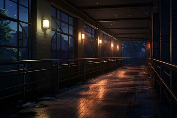 a dark night high school corridor balcony with anime style 2D illustration. Generative AI