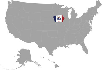 Map of US federal state of Iowa with state flag within gray map of United States of America