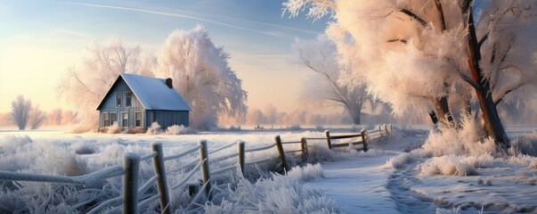 Frosty winter morning photo realistic illustration - Generative AI.