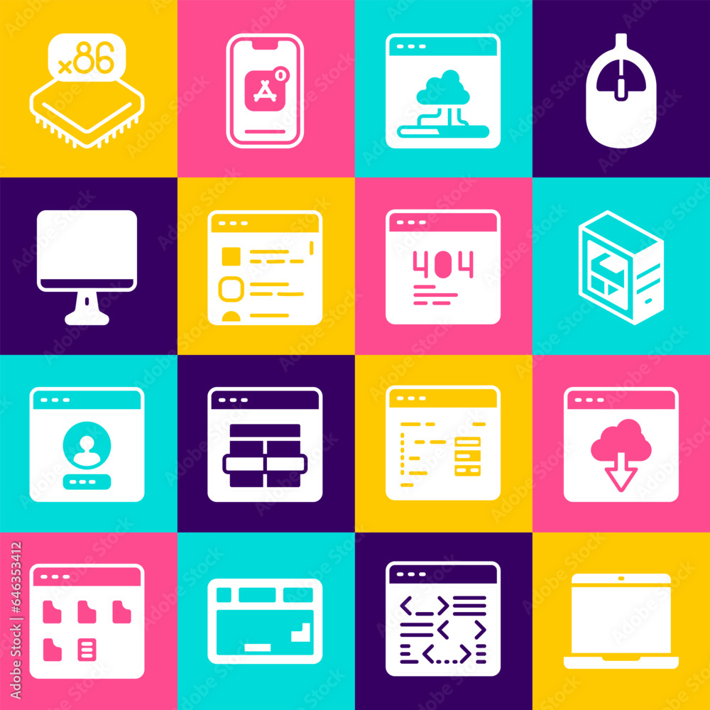 Poster set laptop, cloud technology data transfer, computer, browser files, monitor screen, processor with 