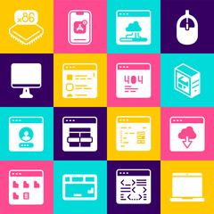 Set Laptop, Cloud technology data transfer, Computer, Browser files, monitor screen, Processor with microcircuits CPU and Page 404 error icon. Vector