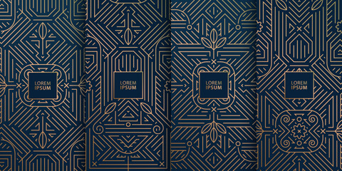 Vector set of art deco, fancy line labels, banners. Geometric wine, jewelry, tea, chocolate package templates, gold luxury design.