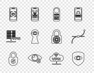 Set line Money lock, Shield and eye, Please do not disturb, Invisible or hide, Mobile scan, Keyhole with, VPN Network cloud connection and Bezier curve icon. Vector
