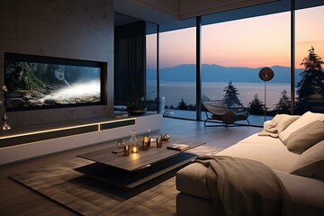 Modern living room with television and large windows during evening. Generative AI