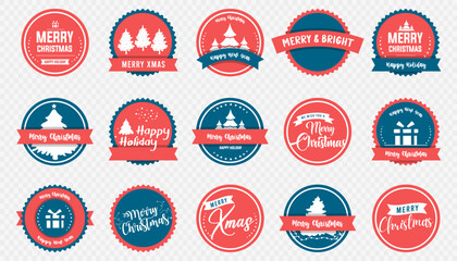 Merry Christmas badge label set. Blue and red badges for Merry Christmas. Decorative badges for greetings cards. Merry Christmas ornate labels and badges