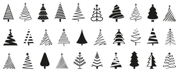 Christmas tree logo collection. Pine, spruce tree icon for Christmas and New Year holiday. Set of various Christmas tree silhouettes