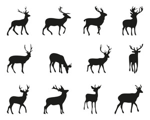Deer silhouette collection. Christmas deer icons in black. Black deer silhouette for Christmas decoration and design