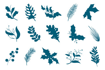 Fototapeta na wymiar Christmas leaf silhouette element for decoration and design. Winter holiday botany element collection. Christmas leaf set