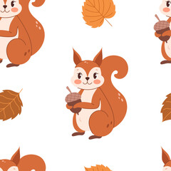 Cute pattern with a squirrel with an acorn and autumn leaves