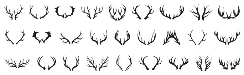 Deer horns icon set. Animal horn silhouette. Deer horn logo for wildlife, hunting. Horn shapes collection