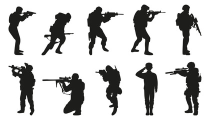 Soldier and army force silhouette collection for Veterans Day. Set of army soldier icons. Black soldiers silhouette isolated