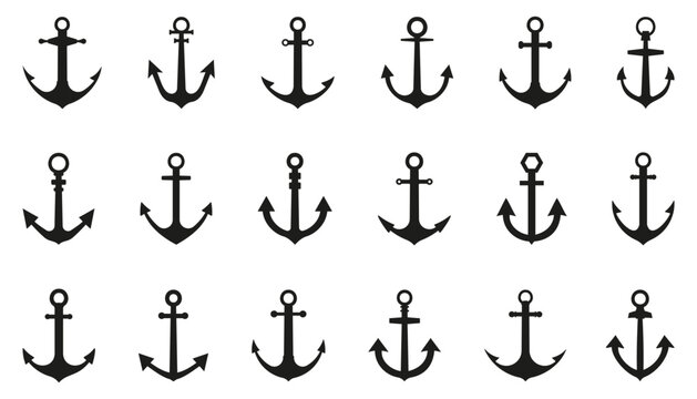 Anchor icon set. Nautical symbol in black. Simple anchor icons. Set of black anchor icons isolated