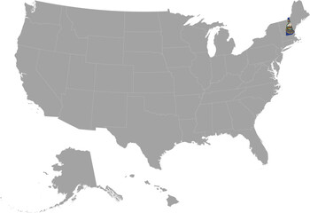 Map of US federal state of New Hampshire with state flag within gray map of United States of America