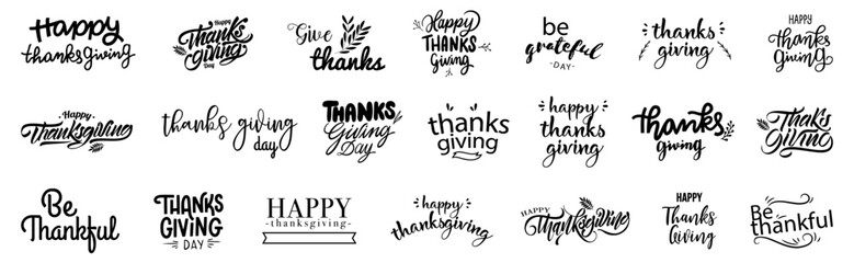 Thanksgiving Day calligraphy font badges. Happy Thanksgiving calligraphy text for greeting card. Happy thanksgiving lettering calligraphy text