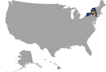 Map of US federal state of New York with state flag within gray map of United States of America