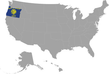 Map of US federal state of Oregon with state flag within gray map of United States of America