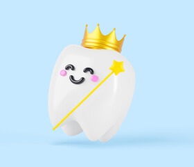 3d render cute tooth fairy, cartoon fairytale kawaii character in crown and golden magic wand with star. Fantasy dental surprise icon for children, happy baby teeth on blue background. 3D illustration