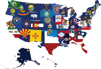 Map of  All US federal states with state flag within map of United States of America
