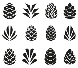 Pine cone icons. Set of simple black pine cone. Pine cone logotype. Set of forest pine branches, cones