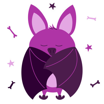 Happy Halloween Sticker With Cute Bat. Holiday Clipart Of Vampire With Bones And Stars