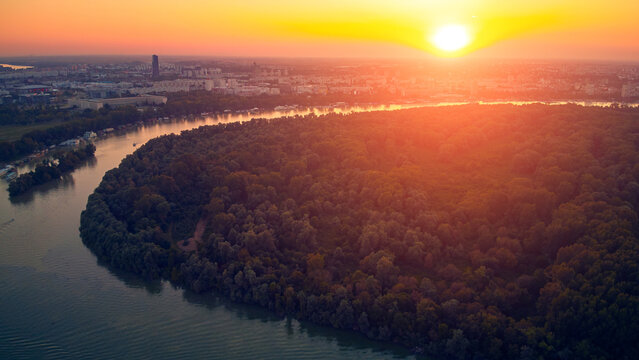 Aerial view of Belgrade rivers and cityscape, Serbia.