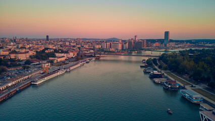 Naklejka premium Aerial view of Belgrade rivers and cityscape, Serbia.