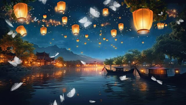 Chinese New Year with floating lantern in sky.  seamless looping time-lapse virtual video animation background.	
