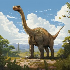 Big prehistoric Dinosaur standing in the jungle. Concept art of a Brontosaurus dinosaur walking in a forest, on a bright day. Tall ancient monster in the woods. Diplodocus realistic illustration.