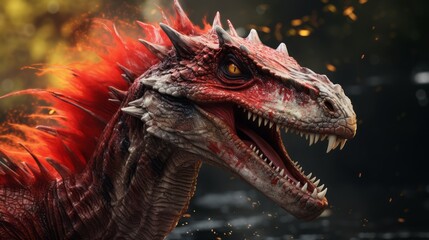 Velociraptor portrait closeup. Hunting angry dinosaur with a growl and sharp teeth. Concept of a mad ancient scary reptile. furious dinosaur.