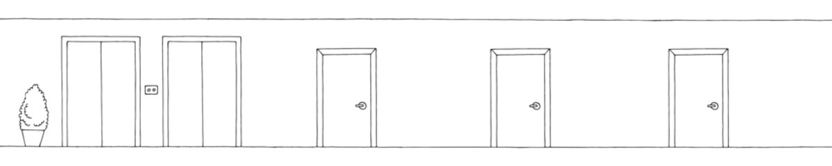 Empty hall corridor graphic black white interior long sketch illustration vector