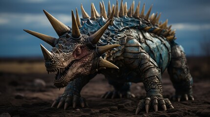 Prehistoric Dinosaur with horns and scales walking through the fauna. Concept art of an ancient reptile walking in the forest. Sauropelta feeding in the woods. 3D render of an angry euoplocephalus.