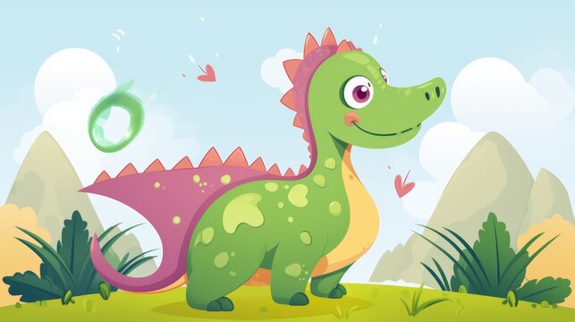 Cartoon big Brontosaurus dinosaur in a jungle, illustration for children. Vector illustration of a Cartoon happy dinosaur standing in the jungle. Smiling colorful dinosaur with spikes, childish art.