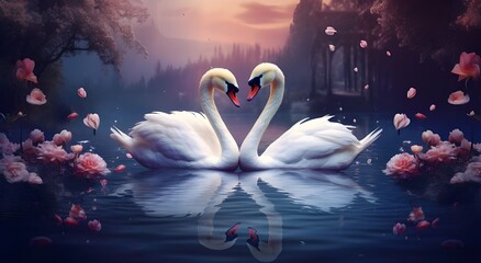 swans on the lake in night