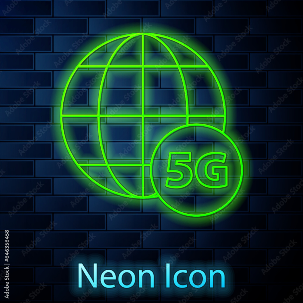 Poster glowing neon line 5g new wireless internet wifi connection icon isolated on brick wall background. g