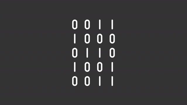 Binary code white animated icon. Data encryption line animation. It service. Information exchange. Web programming. Isolated illustration on dark background. Transition alpha video. Motion graphic