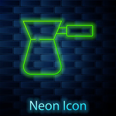 Glowing neon line Coffee turk icon isolated on brick wall background. Vector