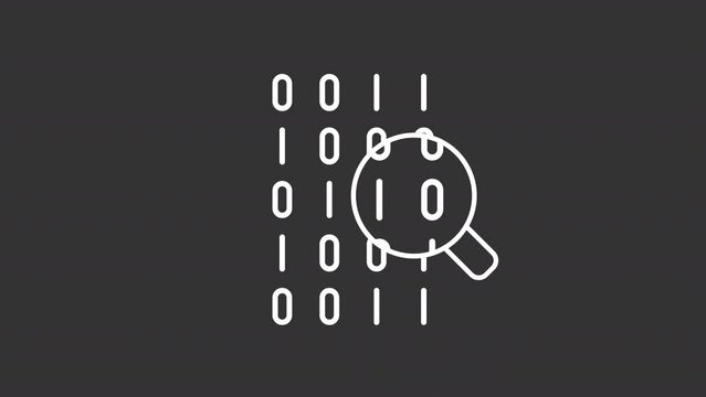 Binary code search white animation. Magnifying glass exploring ones and zeros animated line icon. Computer programming. Isolated illustration on dark background. Transition alpha video. Motion graphic