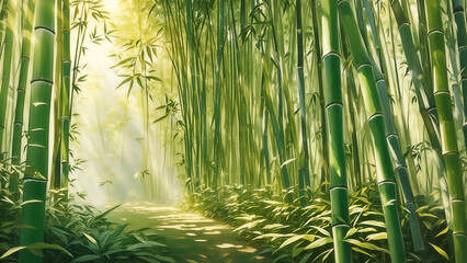 Tranquil Bamboo Grove in Sunlit Green Landscape