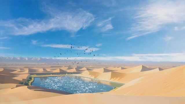 birds flying over an oasis in the middle of the desert. Cartoon or anime illustration style. seamless looping 4K time-lapse virtual video animation background.