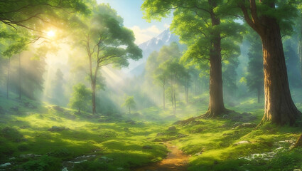 Obraz premium Tranquil Sunrise Through Misty Forest