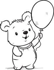 Coloring page for kids toddler and toddlers, minimal cute bear with balloon illustration one thick single outline drawing artwork
