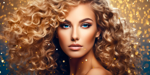 Fototapeta premium beauty blond young woman with curly hair on golden glitter background. hairstyle concept. free space