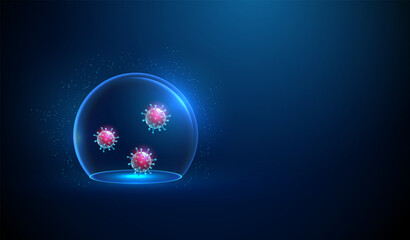 Abstract red viruses inside a blue glass dome. Scientific research, virus creation concept Low poly digital style design